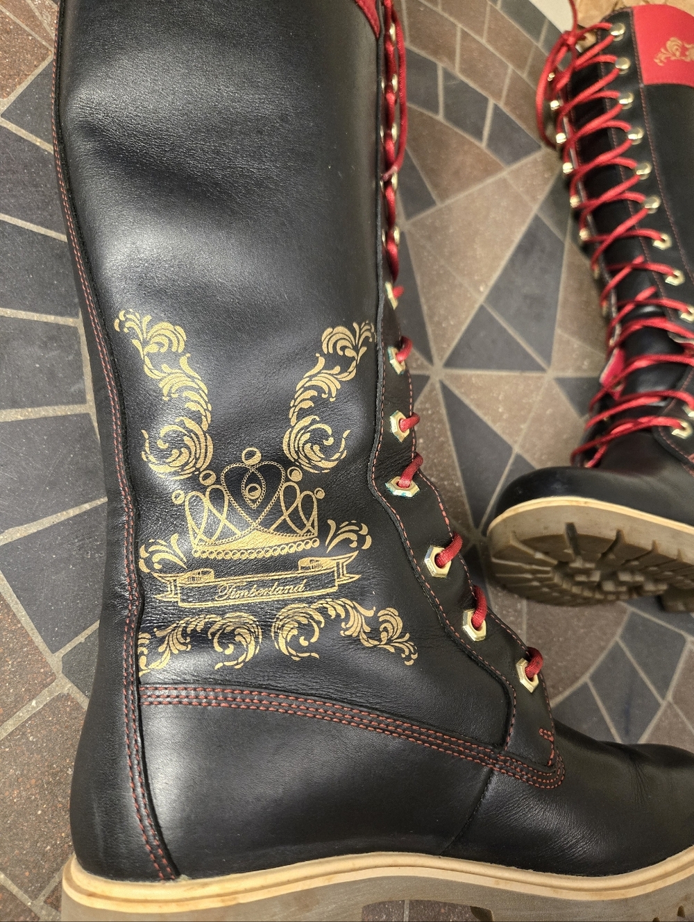 Timberland Lugged Sole Lace-Up Tall Boots Gold Accents - Picture 8 of 13